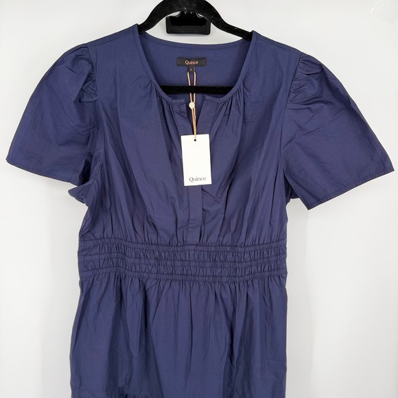 Quince 100% Organic Cotton Poplin Tiered Maxi Dress Women's L Navy Smocked Boho - Picture 6 of 14